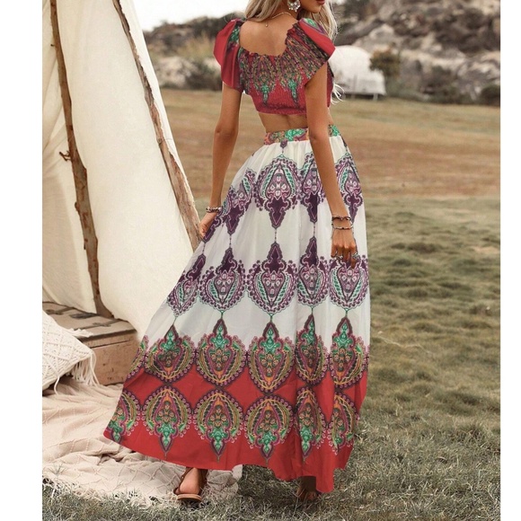 Boho Tribal Print Cropped Top Maxi Skirt Set - Picture 6 of 14